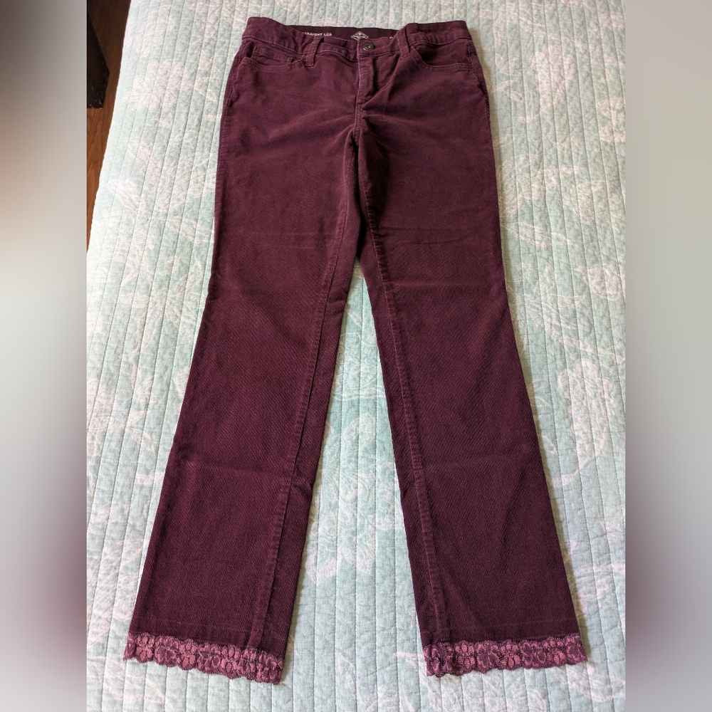 St. John's Bay Burgundy Straight-Leg Stretch Corduroys with Lace Detail. Size 8P - Picture 3 of 8